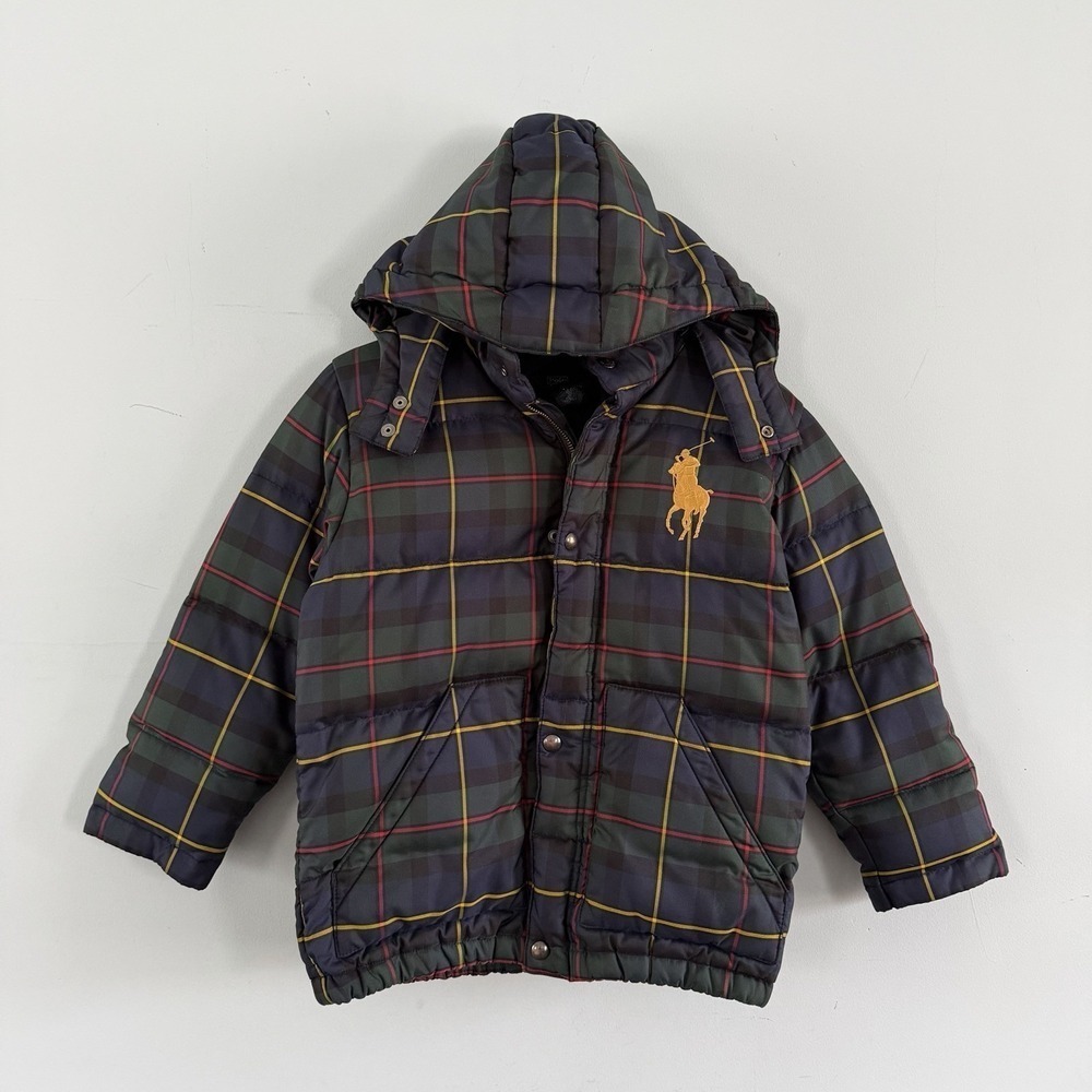 Polo Ralph Lauren Tartan Plaid Down Fill Big Pony Boys Blue Puffer‎ Jacket